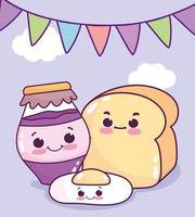 pain aux œufs frits et pot avec de la confiture dessin animé de pâtisserie dessert sucré vecteur