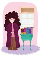 jeune femme aux longs cheveux bouclés dans la chambre avec meubles et livres, journée du livre vecteur