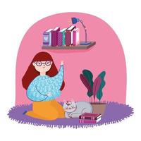 jeune femme avec des livres chat plante et étagère, journée du livre vecteur