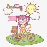jolie fille avec des livres en vélo avec dessin animé en plein air vecteur