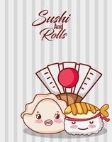 kawaii sushi poisson tempura et fan food dessin animé japonais, sushi et rouleaux vecteur