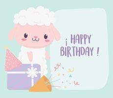 joyeux anniversaire mouton cadeau chapeau confettis fête célébration décoration carte vecteur