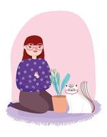 Jeune femme avec chat blanc et plante en pot vecteur