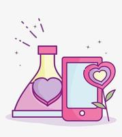 bonne saint valentin, bouteille d'amour de smartphone et coeur de fleur vecteur