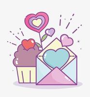 joyeuse saint valentin, carte postale et cupcake coeurs fleur d'amour vecteur