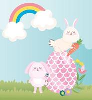 lapins de pâques joyeux avec de gros oeufs fleurs décoration arc-en-ciel vecteur