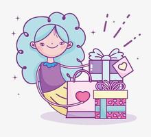 bonne saint valentin, fille avec des cadeaux et célébration du sac à provisions vecteur