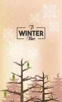 affiche d'hiver avec des flocons de neige et une scène de forêt vecteur