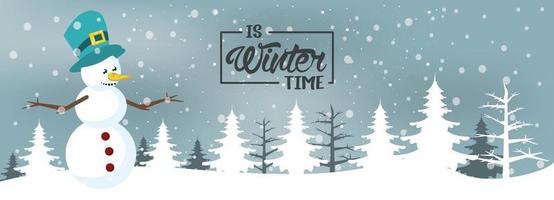 affiche d'hiver avec bonhomme de neige et scène de forêt vecteur