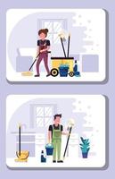 Couple de travailleurs dans l'entretien ménager avec équipement vecteur