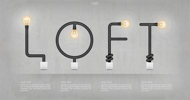 loft - alphabet linéaire abstrait d'ampoule et d'interrupteur sur fond de mur en béton. vecteur. vecteur