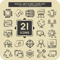 icône ensemble social réseau. en relation à l'Internet symbole. main tiré style. Facile conception illustration vecteur