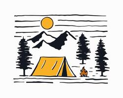 camping en dessous de le Montagne conception pour badge autocollant graphique illustration vecteur art T-shirt conception