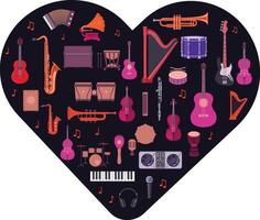 aime la musique coeur. instruments de musique en forme de coeur vecteur