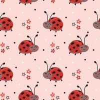 sans couture modèle avec mignonne dessin animé coccinelle, fleur et polka point sur rose Contexte. vecteur illustration