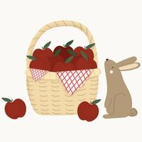 rouge pommes panier avec lapin lapin main tiré clipart élément vecteur illustration pour invitation salutation anniversaire fête fête mariage carte affiche bannière Contexte