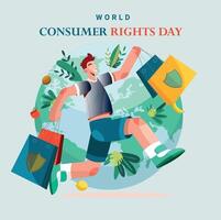 monde consommateur droits jour, monde globe avec achats sac conception pour bannière, affiche, vecteur art.