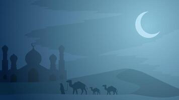 Ramadan paysage vecteur illustration. mosquée dans le désert avec chameau et une musulman à nuit. mosquée paysage pour illustration, Contexte ou Ramadan. eid mubarak paysage pour Ramadan un événement