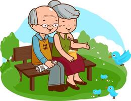 Sénior couple à le parc. un vieux homme et un vieux femme séance sur une banc à le parc, en train de lire le journal et alimentation le des oiseaux. vecteur illustration
