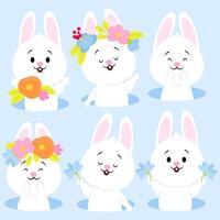 ensemble de mignonne Pâques blanc lapins furtivement en dehors de une vison décoré avec compositions avec fleurs vecteur
