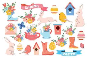 Pâques ensemble dans main tiré style. vecteur. Étiquettes, drapeau, lapin, œufs, fleurs, enveloppes, maisons d'oiseaux. Bonjour printemps collection. pastel et moderne branché vibrant. clipart. traditionnel lapin. moderne griffonnage vecteur