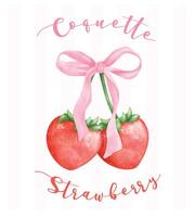 coquette des fraises avec rose ruban arc, esthétique aquarelle main dessin vecteur