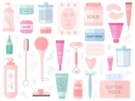 plat style cosmétique beauté des produits dans bouteilles et pots ensemble. ensemble de crème, savon, peau brosse, lotion, douche gel et visage mousse. beauté articles plat vecteur des illustrations isolé sur blanc Contexte