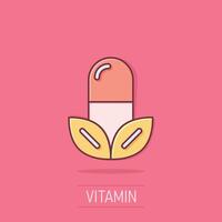 vitamine pilule Remarque icône dans bande dessinée style. capsule dessin animé vecteur illustration sur isolé Contexte. antibiotique éclaboussure effet signe affaires concept.