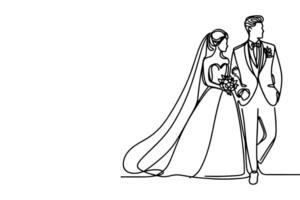 ai généré un continu Célibataire dessin noir ligne art griffonnage mariage couple la mariée et jeune marié outlne vecteur illustration sur blanc Contexte