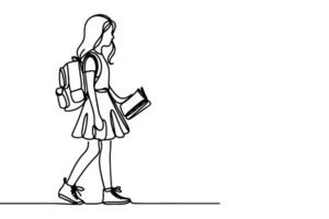 ai généré un continu noir ligne dessin Jeune école fille avec une sac à dos et porter livre retour à école concept contour griffonnage vecteur illustration sur blanc Contexte