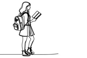 ai généré un continu noir ligne dessin Jeune école fille avec une sac à dos et porter livre retour à école concept contour griffonnage vecteur illustration sur blanc Contexte