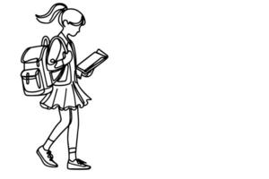 ai généré un continu noir ligne dessin Jeune école fille avec une sac à dos et porter livre retour à école concept contour griffonnage vecteur illustration sur blanc Contexte