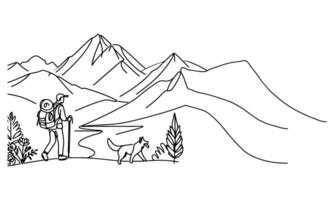 ai généré un continue noir ligne dessin randonnée homme avec retour page à Montagne paysage forêt contour griffonnage horizontal vecteur illustration sur blanc Contexte