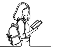 ai généré un continu noir ligne dessin Jeune école fille avec une sac à dos et porter livre retour à école concept contour griffonnage vecteur illustration sur blanc Contexte