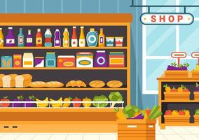 épicerie boutique étagère vecteur illustration avec nourriture articles et des produits assortiment sur le supermarché pour achats du quotidien Besoins dans plat Contexte