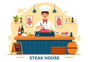 steak House vecteur illustration avec restaurant cette fournit grillé Viande avec juteux délicieux steak, salade et tomates pour barbecue dans Contexte