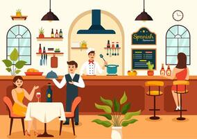 Espagnol restaurant vecteur illustration avec divers de nourriture menu traditionnel plat typique recette et cuisine dans plat dessin animé Contexte conception