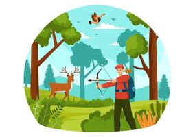 chasse vecteur illustration avec chasseur fusil ou arme pour tournage à des oiseaux ou sauvage animaux dans le forêt sur plat dessin animé Contexte conception