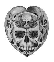 crâne cœur tatouage conception par main dessin sur papier vecteur
