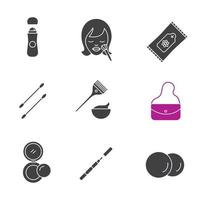 Ensemble d'icônes de glyphe d'accessoires cosmétiques. symboles de silhouette. rouleau anti-transpirant, lingettes humides, cotons, bâtons d'oreilles, kit de teinture pour cheveux, sac à main, rouge, eye-liner. illustration vectorielle isolée vecteur