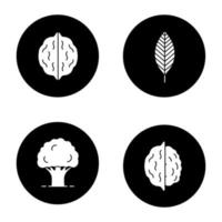 Ensemble d'icônes de glyphes forestiers. feuille de noyer, chêne, noix. illustrations vectorielles de silhouettes blanches dans des cercles noirs vecteur
