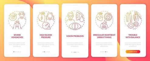 signes d'hypertension artérielle à bord de l'écran de la page de l'application mobile. problème avec l'équilibre procédure pas à pas 5 étapes graphiques avec des concepts. modèle vectoriel ui, ux, gui avec des illustrations en couleurs linéaires