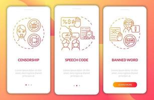 politiques sur l'écran de la page de l'application mobile d'intégration du discours de haine. Procédure pas à pas des mots interdits Instructions graphiques en 3 étapes avec des concepts. modèle vectoriel ui, ux, gui avec des illustrations en couleurs linéaires