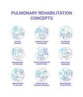 Ensemble d'icônes de concept de gradient bleu de réadaptation pulmonaire. Idée de traitement des maladies respiratoires illustrations en couleur de ligne mince. traitement des maladies pulmonaires. exercice de respiration. dessins de contour isolés vectoriels vecteur