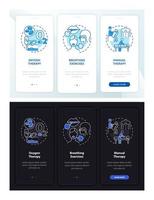 rééducation respiratoire jour, nuit écran de page d'application mobile d'intégration. Procédure pas à pas, instructions graphiques en 3 étapes avec concepts. modèle vectoriel ui, ux, gui avec illustrations linéaires en mode jour et nuit