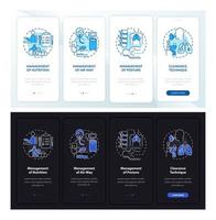 jour de la réadaptation pulmonaire, écran de la page de l'application mobile d'intégration de nuit. Procédure pas à pas, instructions graphiques en 4 étapes avec concepts. modèle vectoriel ui, ux, gui avec illustrations linéaires en mode jour et nuit