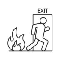 porte de sortie de secours incendie avec icône linéaire humaine. plan d'évacuation. illustration de la ligne mince. symbole de contour. dessin de contour isolé de vecteur