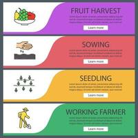 ensemble de modèles de bannière web agricole. bol avec fruits, semis, semis, agriculteur qui travaille. éléments du menu de couleur du site Web. concepts de conception d'en-têtes de vecteur