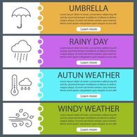 ensemble de modèles de bannière web météo d'automne. parapluie, thermomètre avec nuage de pluie, vent qui souffle. éléments de menu de couleur de site Web avec des icônes linéaires. concepts de conception d'en-têtes de vecteur