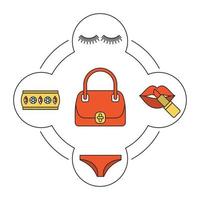 Ensemble d'icônes de couleur du contenu du sac de la femme. rouge à lèvres, culotte, faux cils, bracelet. illustrations vectorielles isolées vecteur